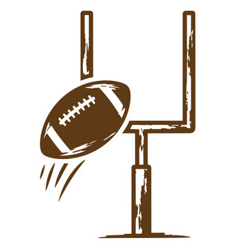 Vintage Grunge texture American football ball flying towards goal post on field in motion lines  sports equipment and field target