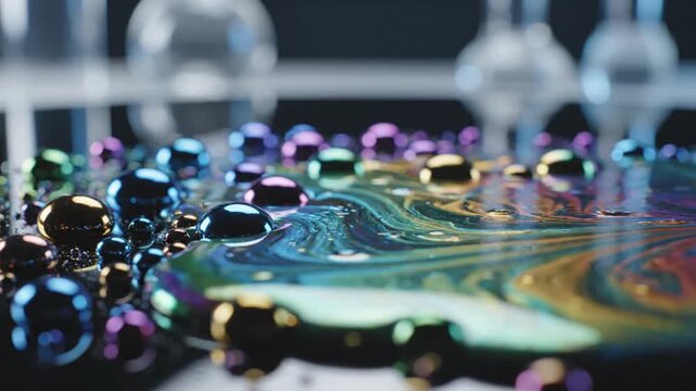 Colorful beads scattered on table with swirling patterned disc and glassware in background, possibly for creative or educational uses