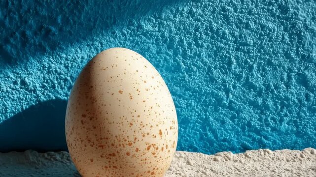 Egg stands against bright blue wall casting shadow on white textured surface. Simple backdrop highlights natural design and form. Concept of food industry, cooking, egg production