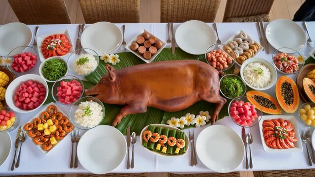 A group of Asian business professionals in formal attire stands around a white banquet table featuring a traditional roast pig feast with tropical fruit