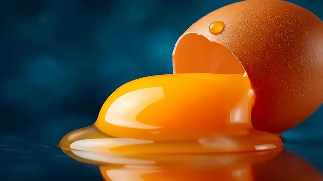 Eggshell cracks open with yolk flowing out. Close up view focusing on smooth texture and bright color. Concept of cooking, food photography, baking