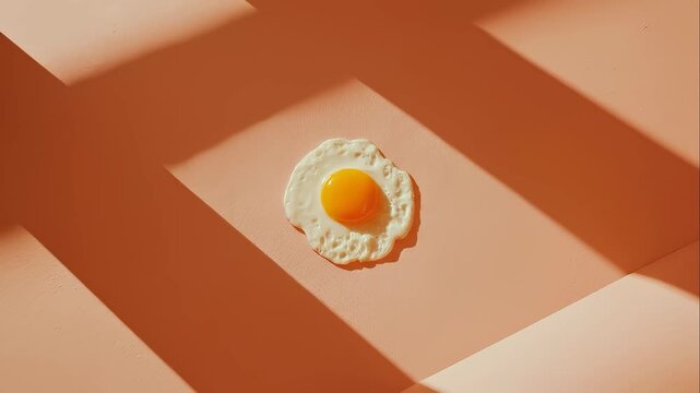 Egg resting on orange surface with natural shadows creating patterns. The setting is simple and bright, focused on food aesthetics. Concept of culinary arts, food presentation, cooking classes