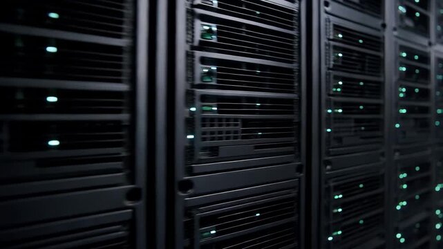 Macro view of server rack front panels with status lights in data center