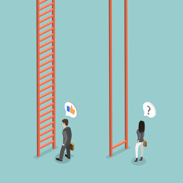 3D Isometric Flat Vector Illustration of Gender Inequality, Man And Woman By Career Corporate Ladder
