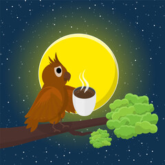 Fototapeta premium 3D Isometric Flat Vector Illustration of Owl With Cup, Enjoying A Beverage At A Cozy Cafee