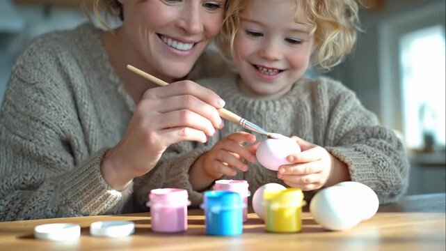 Mother and child engage in fun painting activity. They use colorful paints and craft items on wooden table. Bright and inviting kitchen is backdrop. Concept of family bonding, creativity, education
