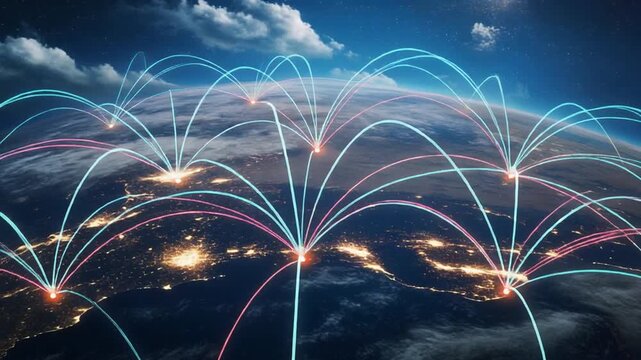 Earth from space with glowing connections illustrating global network interactions at night