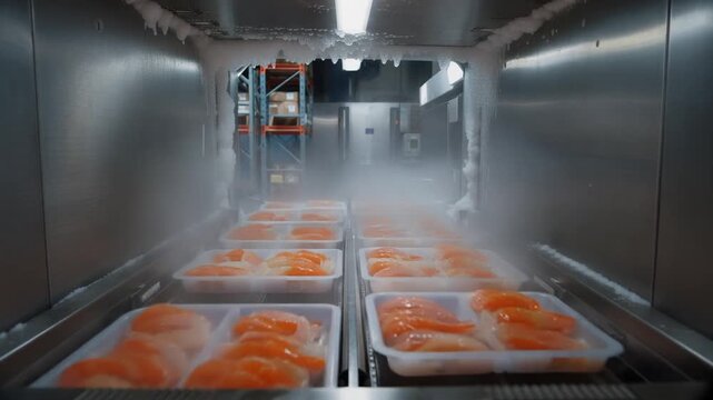 Frozen salmon fillets in a commercial walk-in freezer, being preserved through blast freezing, for food storage and distribution