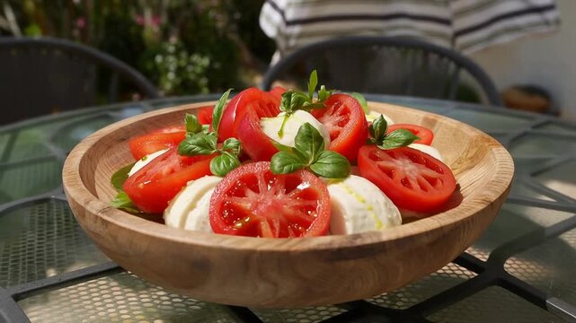 Fresh Caprese salad with tomatoes, mozzarella, and basil on a wooden bowl on an outdoor table
