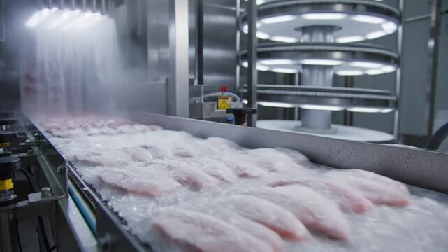 Frozen chicken fillets on a conveyor belt being sprayed with water in a meat processing plant