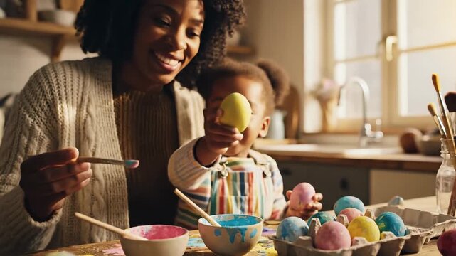 Mother and child paint Easter eggs using bright colors. Setting shows warm kitchen with light streaming in from the window. Concept of family bonding, holiday celebration, craft activities