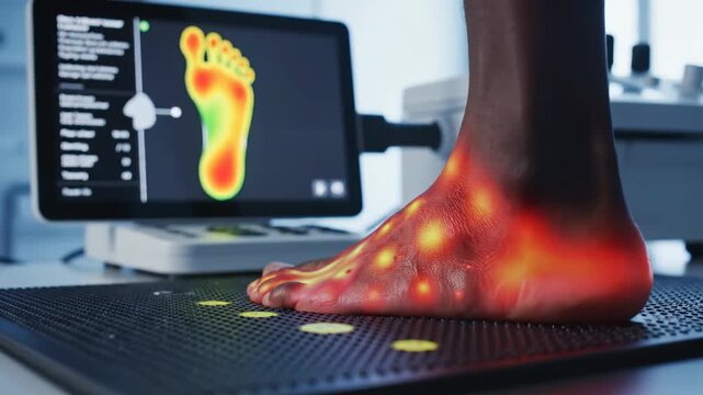 An African American man steps onto a futuristic podiatry device. The foot is scanned by a digital thermal sensor. Heat and pressure patterns are analyzed on a screen.