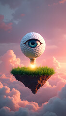 Surreal Eye Bulb on Floating Island at Sunset