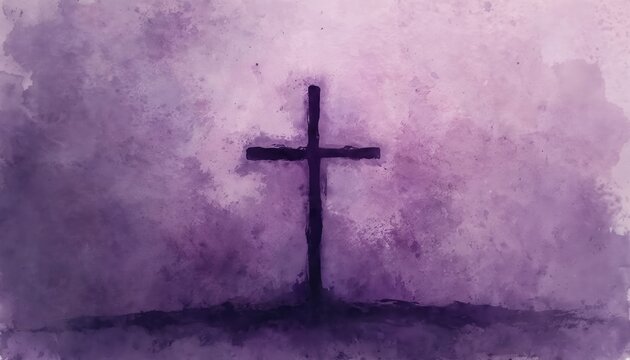 Minimalist watercolor art depicts dark cross on textured purple background. This abstract spiritual symbol represents Lent and Christian faith, evoking contemplation and worship during sacred season.
