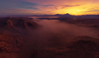 Sunrise Over Rugged Mountain Valley With Misty Fog At Dawn — 3D Rendering © edb3_16