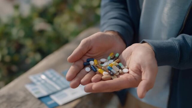An adult stacked with various pain relief medications on a table, clearly suffering from ongoing tooth pain, while a dental clinic brochure lies open beside them. cinematic color correction,