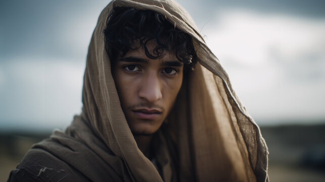 Young biblical disciple portrayed in close up wearing traditional robe for holy week easter themes christian backgrounds and church visual content
