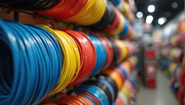 Brightly colored electrical wires are neatly coiled on store shelves. Red, blue, and yellow cables display in a hardware shop. Different rolls of electric cords are arranged for sale.