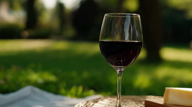 Picnic still life with red wine glass and cheese slices on woven placemat in sunny park with soft green bokeh background
