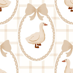 Cotton fabric Hand painted watercolor goose and ribbon bow seamless pattern in oval frame on beige gingham background for nursery textile wallpaper and scrapbooking paper
