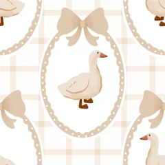 Hand painted watercolor goose and ribbon bow seamless pattern in oval frame on beige gingham background for nursery textile wallpaper and scrapbooking paper © Marie