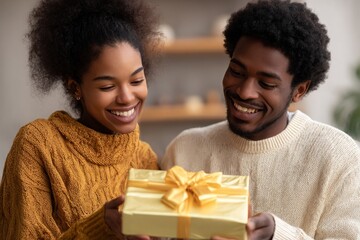 Naklejka premium African American couple exchanging gift box with yellow ribbon in home environment