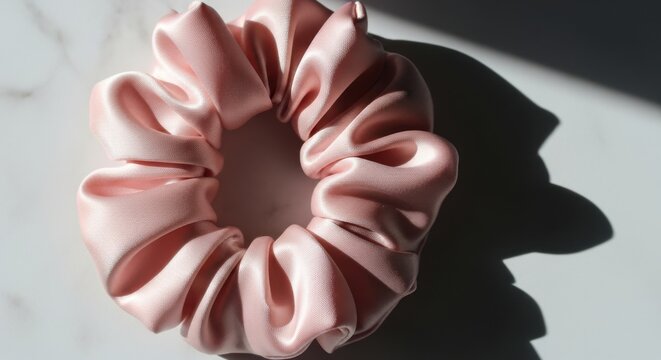 Delicate pink scrunchie on marble surface