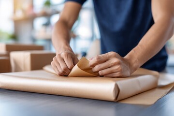 Obraz premium Man carefully wrapping product in recycled kraft paper on a table