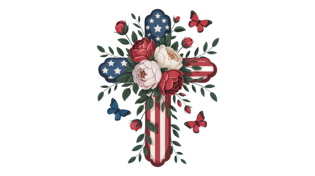 A patriotic floral cross illustration with butterflies in american flag colors isolated on transparent background