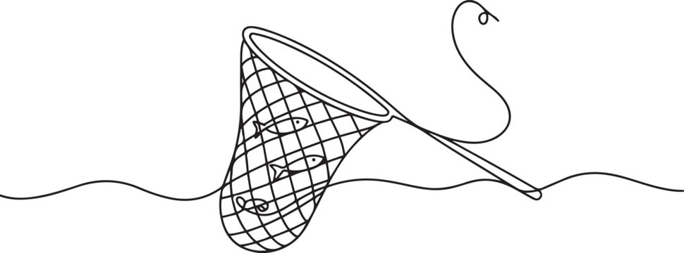 Fishing net line icon. Catch fish, hook, rod, fisherman, school of fish. Hunting net continuous one line drawing, one line Art icon drawing vector