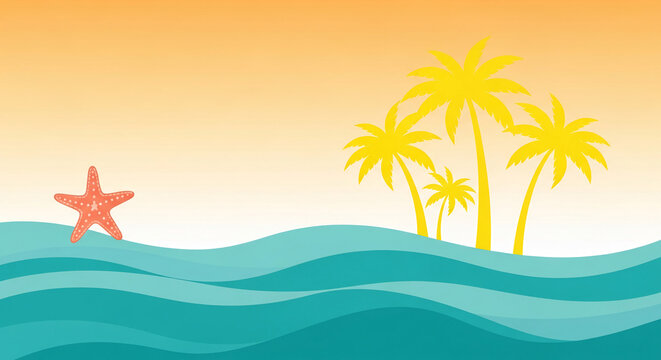 Illustration of orange starfish and yellow palm tree silhouettes over teal waves, suggesting tropical destination, vacation, relaxation, or summer escape