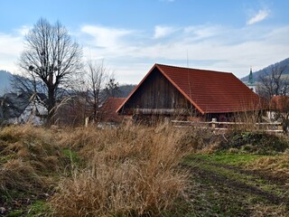 small village house with a red roof