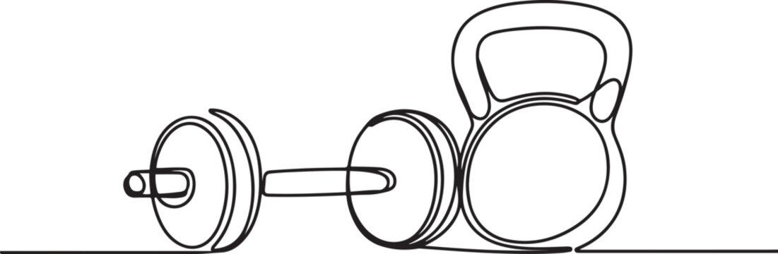 Continuous one line drawing of dumbbell - fitness equipment. Kettlebell, one line Art icon drawing vector