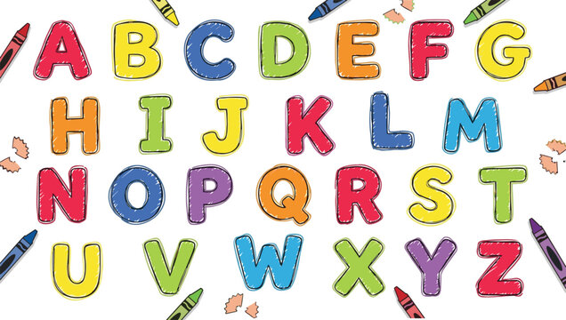 Colorful hand-drawn alphabet letters A to Z with crayons and pencil shavings on white vector illustration