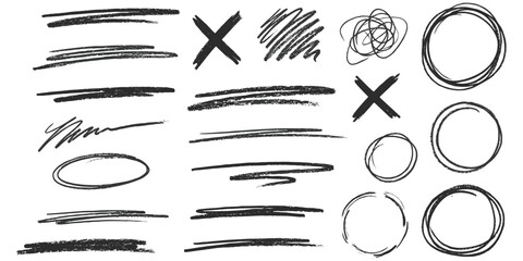 Group of black hand-drawn scribbles lines crosses and circles on white Background Keywords: scribble, hand drawn, sketch, brush © Rasel