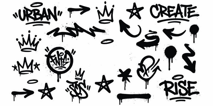 Graffiti Style Black and White Urban Art Elements and Words Keywords: graffiti, urban, art, spray paint, tag, lettering, drip