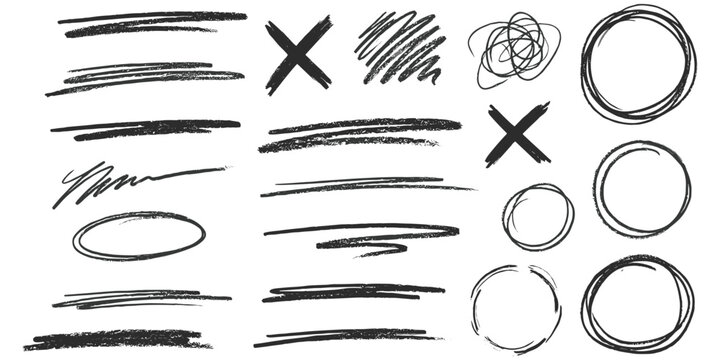 Group of black hand-drawn scribbles lines crosses and circles on white Background Keywords: scribble, hand drawn, sketch, brush