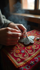 Handcrafted Butterfly Jewelry on Embroidered Fabric