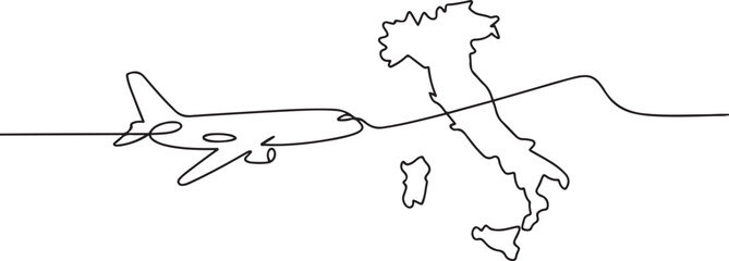 Continuous one line drawing of Italymap with airplane. Italy map combined with airplane simple outline vector illustration. one line Art icon drawing vector © mst