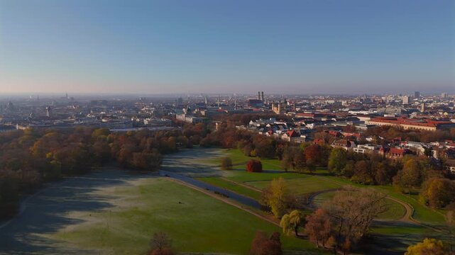 Englischer Garten, English Garden is Munichs largest park, Germany aerial view from golden autumn on sunny day. Autumn foliage in English Garden. Englischer Garten, Muenchen, Deutschland Luftaufnahme