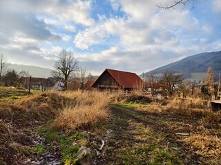 overgrown field path and a small house with a red roof
