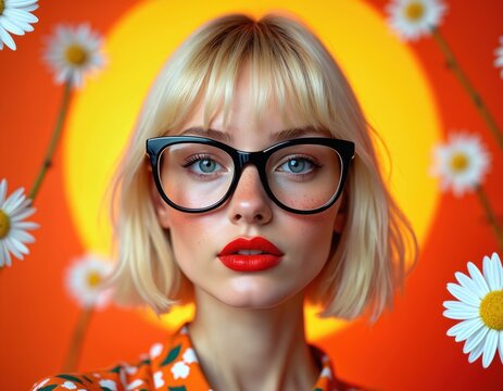 Blonde woman with glasses and red lips poses with daisies against a bright orange and yellow background. Her floral top complements the vibrant, pop art style. She looks directly at the camera.