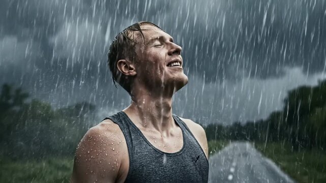 A man stands alone on an empty road, welcoming the rain as it pours down. With arms open wide, he finds joy and freedom amidst the dark clouds and refreshing drops.