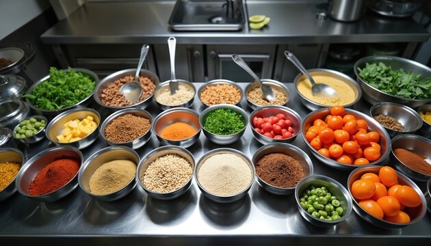 Kitchen mise en place with various ingredients in bowls. Fresh vegetables herbs spices and grains neatly arranged for meal preparation. Professional culinary setting for cooking.