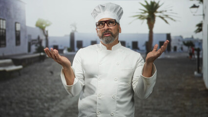 Naklejka premium Man chef middle aged hispanic with grey beard and glasses in white uniform and toque raises both hands palms up on cobblestone street with palm tree and white buildings; uncertainty.