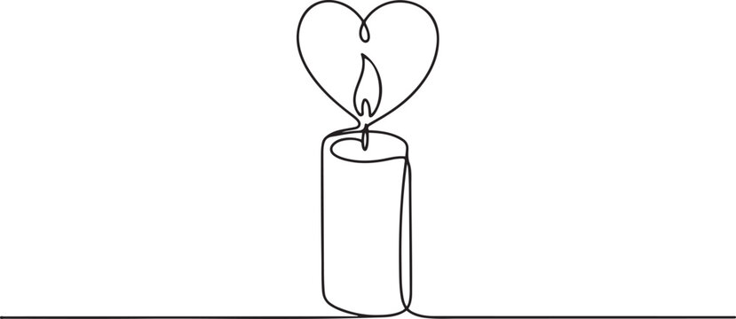 Continuous one line drawing of candle light. Burning fire candle inside the love shape single line art vector illustration. one line Art icon drawing vector
