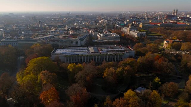 Haus der Kunst, House of Art is museum for modern and contemporary art in Munich, Bavaria, Germany aerial view in autumn sunny weather. located at Prinzregentenstrasse at Englischer Garten. 