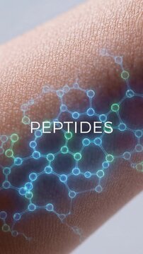 Close-up of human skin with a digital illustration of peptide molecules highlighting their role in the biohacking trend for longevity and health. Video made using Generative AI.