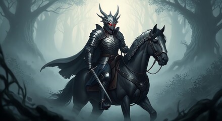 Naklejka premium Dark Knight on Horseback in Forest.
