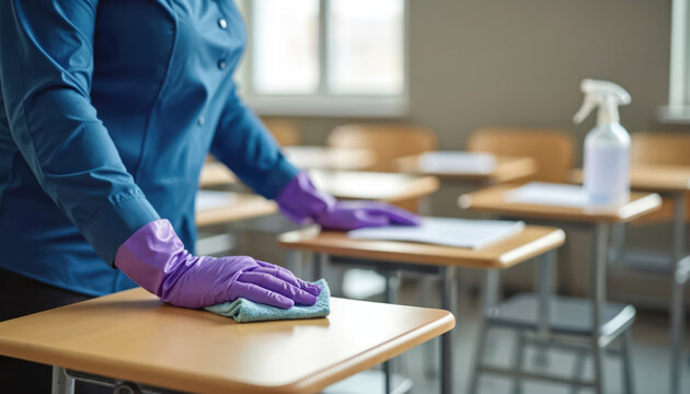 Teacher wearing gloves cleans school desks with spray and cloth. Back to school safety measures during pandemic, hygiene in classroom. Education environment disinfection.